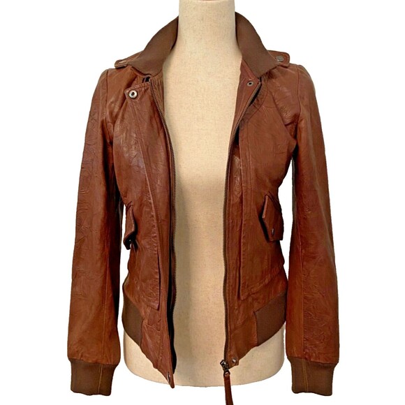 Womens Sz 36 Sm CARRIE LACROX Brown Italian Lambskin Leather Flight Biker Jacket - Picture 2 of 12